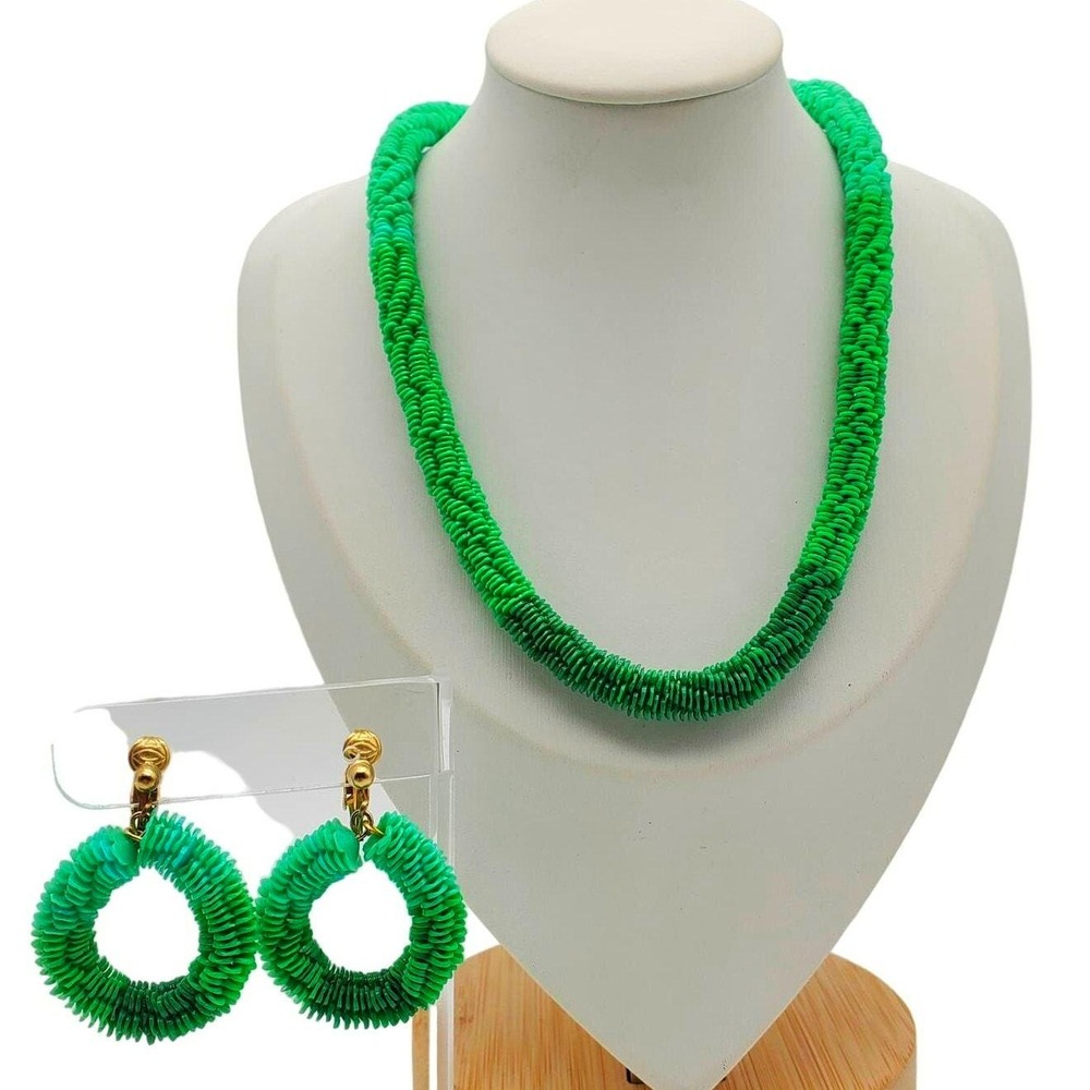 Vintage Hong Kong Disc Beaded Necklace Clip Earrings Green Acrylic Flower Summer
